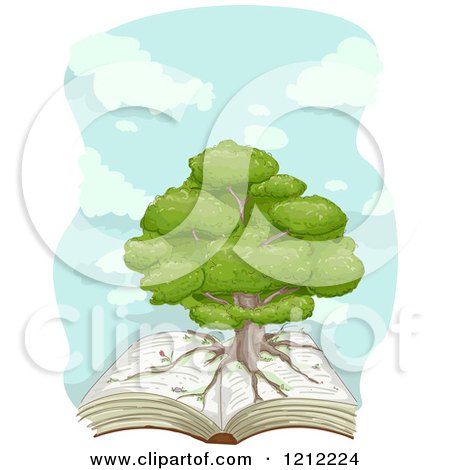 Cartoon of a Big Tree with Roots on an Open Book over Clouds - Royalty Free Vector Clipart by BNP Design Studio