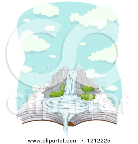 Cartoon of a Large Waterfall on an Open Book over Clouds - Royalty Free Vector Clipart by BNP Design Studio