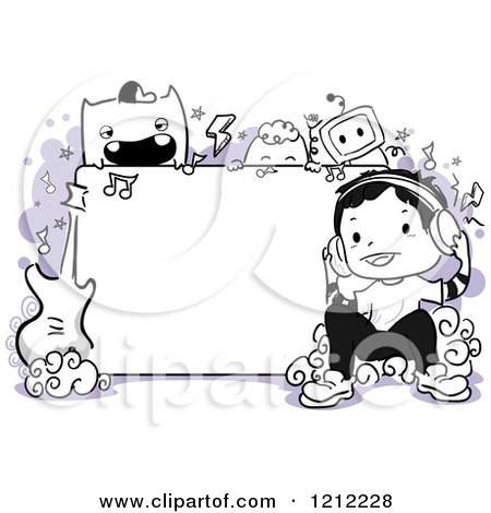 Cartoon of a Music Monster and Boy Doodle Frame with Instruments and Purple - Royalty Free Vector Clipart by BNP Design Studio
