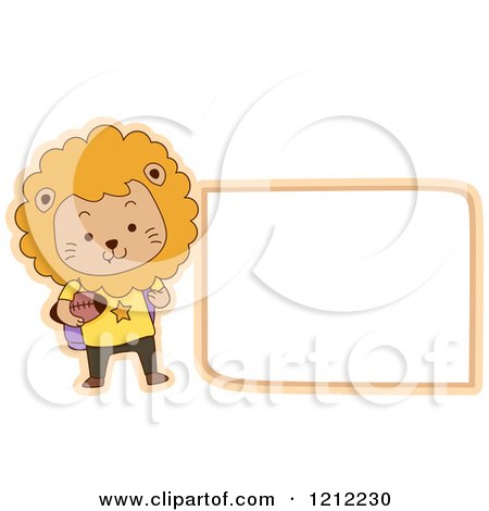 Cartoon of a Male Student Lion with a Football and Blank Label - Royalty Free Vector Clipart by BNP Design Studio
