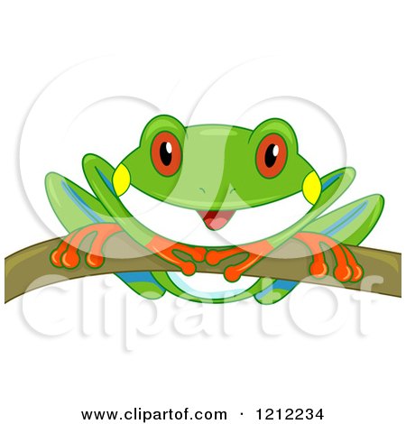 Cartoon of a Cute Curious Tree Frog on a Branch - Royalty Free Vector Clipart by BNP Design Studio
