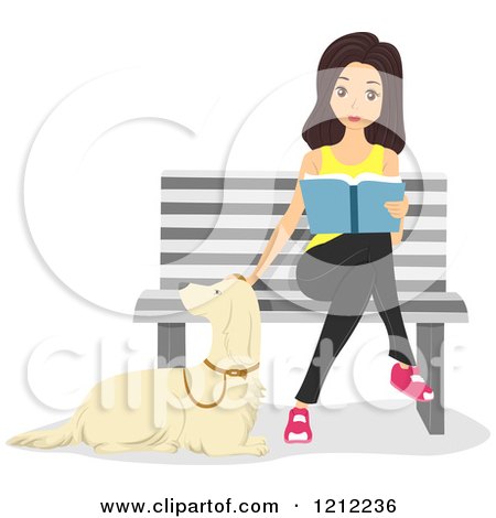 Cartoon of a Woman Reading a Book on a Bench and Petting Her Dog - Royalty Free Vector Clipart by BNP Design Studio