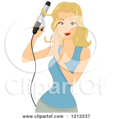 Cartoon of a Beautiful Blond Woman Curling Her Hair - Royalty Free Vector Clipart by BNP Design Studio