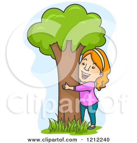 Cartoon of a Happy Red Haired Woman Hugging a Tree - Royalty Free Vector Clipart by BNP Design Studio