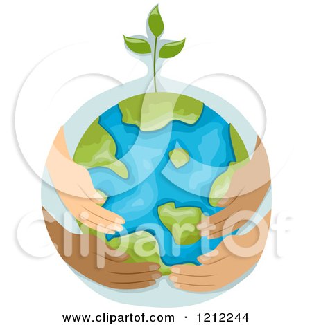 Cartoon of a Sprouting Earth Globe Being Held by Diverse Hands - Royalty Free Vector Clipart by BNP Design Studio