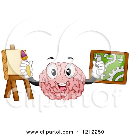 Cartoon of a Brain Mascot Demonstrating the Functions of the Left and Right Portions - Royalty Free Vector Clipart by BNP Design Studio
