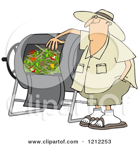 Cartoon of a Happy White Man Resting an Arm on His Composter Bin - Royalty Free Vector Clipart by djart