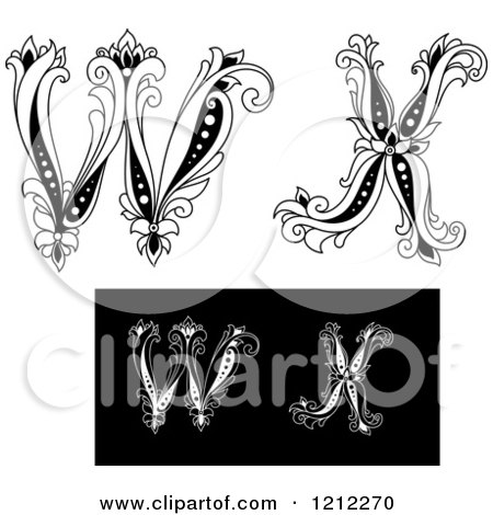 Clipart of a Black and White Vintage Floral Letter W and X - Royalty Free Vector Illustration by Vector Tradition SM