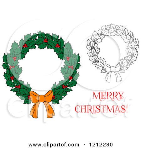 Clipart of a Merry Christmas Greeting with Holly Wreaths - Royalty Free Vector Illustration by Vector Tradition SM