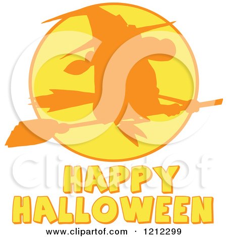 Cartoon of a Happy Halloween Greetig Under a Silhouetted Flying Witch over a Full Moon - Royalty Free Vector Clipart by Hit Toon