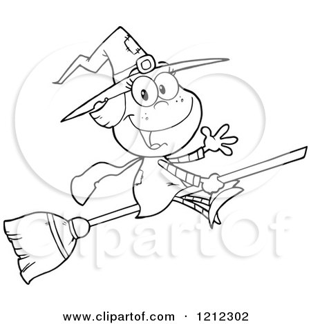 Cartoon of an Outlined Halloween Witch Girl Waving and Flying on a Broomstick - Royalty Free Vector Clipart by Hit Toon