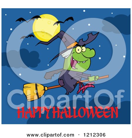 Cartoon of a Happy Halloween Greeting Under a Witch Flying on a Broomstick Under a Full Moon and Bats - Royalty Free Vector Clipart by Hit Toon