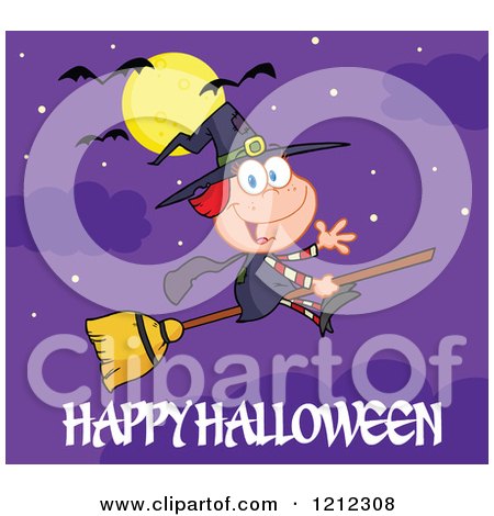 Cartoon of a Happy Halloween Greeting Under a Full Moon and Bats over a Witch Girl Waving and Flying on a Broomstick - Royalty Free Vector Clipart by Hit Toon