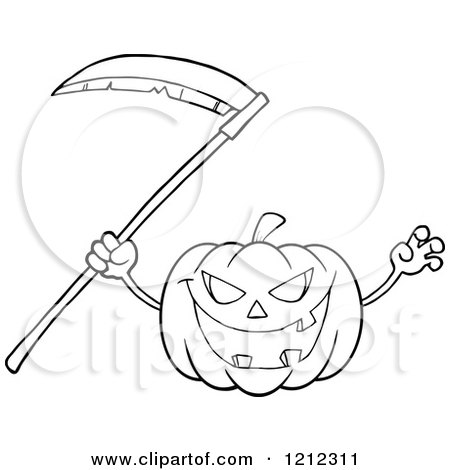 Cartoon of an Outlined Scary Halloween Pumpkin with a Scythe - Royalty Free Vector Clipart by Hit Toon