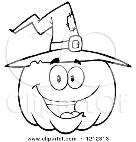 Cartoon of an Outlined Happy Smiling Halloween Pumpkin Wearing a Witch Hat - Royalty Free Vector Clipart by Hit Toon