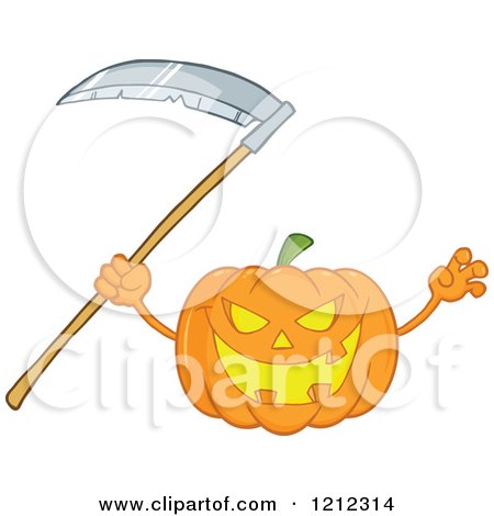 Cartoon of a Scary Halloween Pumpkin with a Scythe - Royalty Free Vector Clipart by Hit Toon