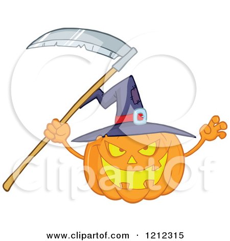 Cartoon of a Scary Halloween Pumpkin with a Witch Hat and Scythe - Royalty Free Vector Clipart by Hit Toon