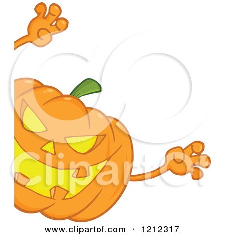 Cartoon of a Halloween Jackolantern Pumpkin Reaching out Around an Edge - Royalty Free Vector Clipart by Hit Toon