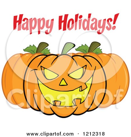 Cartoon of a Happy Holidays Greeting Trio of Halloween Pumpkins - Royalty Free Vector Clipart by Hit Toon