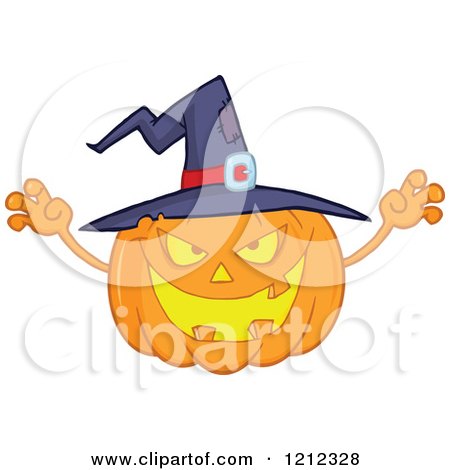 Cartoon of a Reaching Halloween Jackolantern Pumkin Wearing a Witch Hat - Royalty Free Vector Clipart by Hit Toon