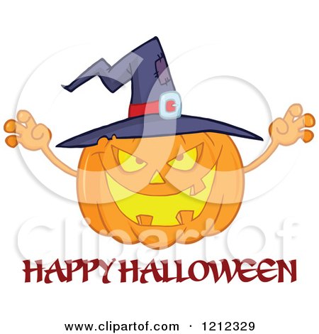 Cartoon of a Happy Halloween Greeting Under a Jackolantern Pumkin Wearing a Witch Hat - Royalty Free Vector Clipart by Hit Toon