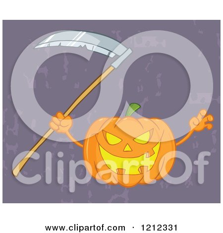Cartoon of a Scary Halloween Pumpkin with a Scythe over Purple Grunge - Royalty Free Vector Clipart by Hit Toon
