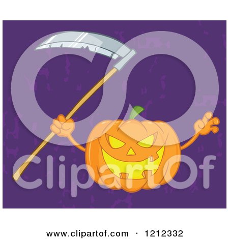 Cartoon of a Scary Halloween Pumpkin with a Scythe over Grungy Purple - Royalty Free Vector Clipart by Hit Toon