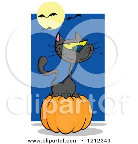 Cartoon of a Full Moon and Bats over a Black Halloween Cat on a Pumpkin - Royalty Free Vector Clipart by Hit Toon
