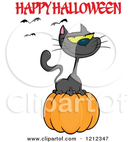 Cartoon of a Happy Halloween Greeting and Bats over a Black Cat on a Pumpkin - Royalty Free Vector Clipart by Hit Toon