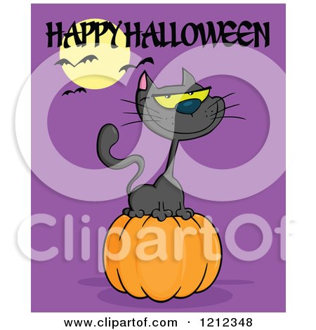 Cartoon of a Happy Halloween Greeting Moon and Bats over a Black Cat on a Pumpkin over Purple - Royalty Free Vector Clipart by Hit Toon