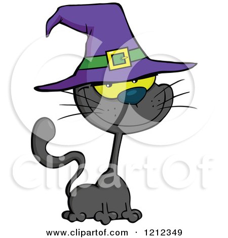Cartoon of a Black Halloween Cat Wearing a Witch Hat - Royalty Free Vector Clipart by Hit Toon