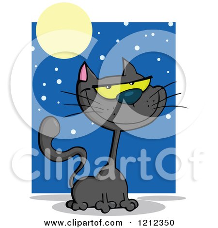 Cartoon of a Black Halloween Cat Under a Full Moon and Night Sky - Royalty Free Vector Clipart by Hit Toon