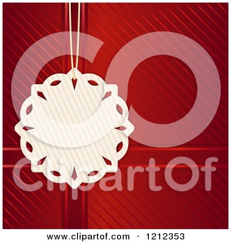 Clipart of a Striped Christmas Gift Snowflake Gift Tag over Red Wrapping Paper with Diagonal Lines - Royalty Free Vector Illustration by elaineitalia