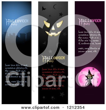 Clipart of Vertical Cemetery Jackolantern Face and Witch Cat Halloween Party Banners with Sample Text - Royalty Free Vector Illustration by elaineitalia