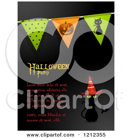 Clipart of a Black Cat with a Witch Hat and Bat with Halloween Party Sample Text and Banners on Halftone - Royalty Free Vector Illustration by elaineitalia