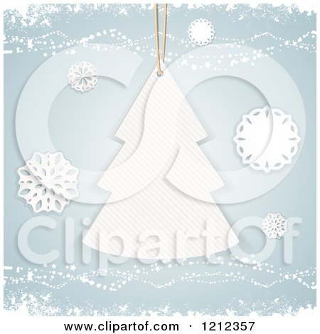 Clipart of a Christmas Tree Gift Tag and Paper Snowflakes on Blue - Royalty Free Vector Illustration by elaineitalia