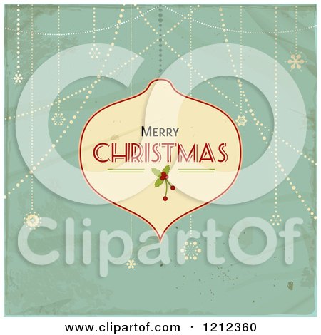 Clipart of a Merry Christmas Bauble Hanging over Distressed Green - Royalty Free Vector Illustration by elaineitalia