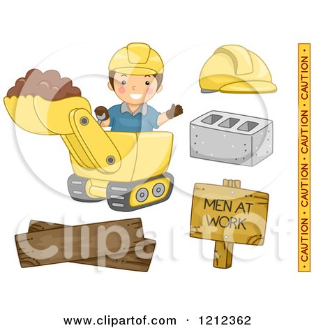 Cartoon of a Happy Construction Worker with a Backhoe and Items - Royalty Free Vector Clipart by BNP Design Studio