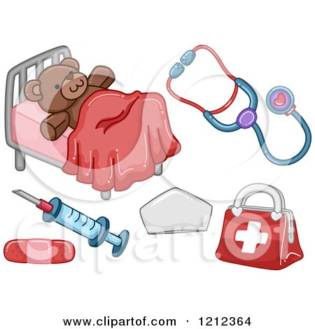 Cartoon of a Teddy Bear and First Aid Medical Items - Royalty Free Vector Clipart by BNP Design Studio