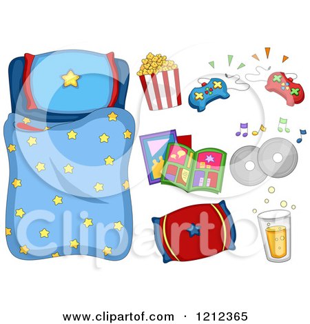 Cartoon of a Boys Starry Sleeping Bag and Sleep over Items - Royalty Free Vector Clipart by BNP Design Studio