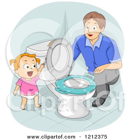 Cartoon of a Father Kneeling and Teaching His Toddler Daughter How to Flush the Toilet - Royalty Free Vector Clipart by BNP Design Studio