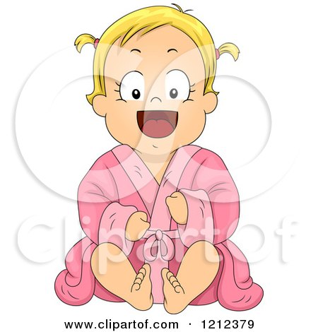 Cartoon of a Happy Blond Toddler Girl Sitting in a Pink Bath Robe - Royalty Free Vector Clipart by BNP Design Studio
