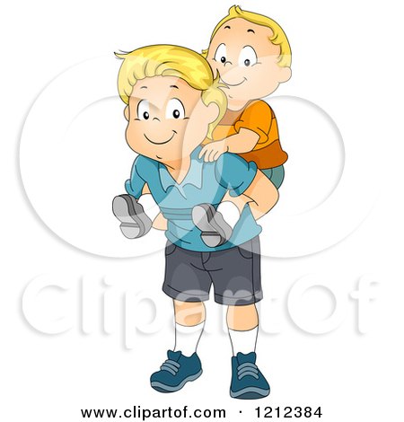 Cartoon of a Big Brother Giving His Baby Brother a Piggy Back Ride - Royalty Free Vector Clipart by BNP Design Studio