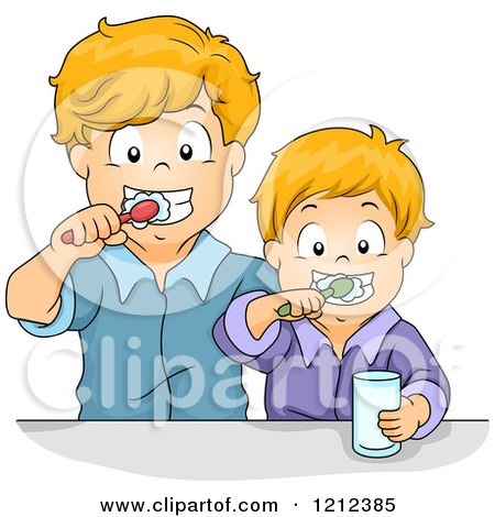 Cartoon of Brothers Brushing Their Teeth Together - Royalty Free Vector Clipart by BNP Design Studio
