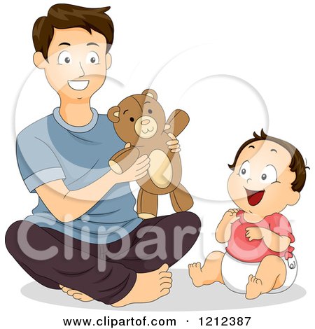 Cartoon of a Father and His Happy Son Playing with a Teddy Bear - Royalty Free Vector Clipart by BNP Design Studio
