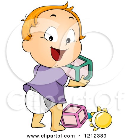 Cartoon of a Happy Toddler Boy Looking Back and Playing with Blocks and a Rattle - Royalty Free Vector Clipart by BNP Design Studio