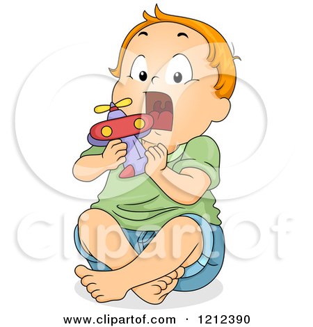 Cartoon of a Toddler Boy Putting a Toy Airplane in His Mouth - Royalty Free Vector Clipart by BNP Design Studio
