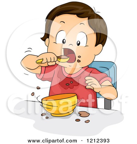 Cartoon of a Messy Toddler Boy Eating from a Bowl - Royalty Free Vector Clipart by BNP Design Studio