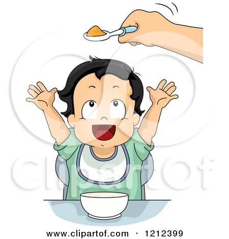 Cartoon of a Hand Holding Baby Food in a Spoon over a Toddler Boy - Royalty Free Vector Clipart by BNP Design Studio