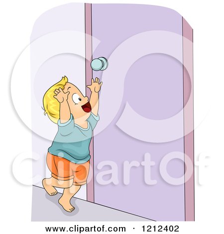 Cartoon of a Blond Toddler Boy Reaching for a Door Knob - Royalty Free Vector Clipart by BNP Design Studio